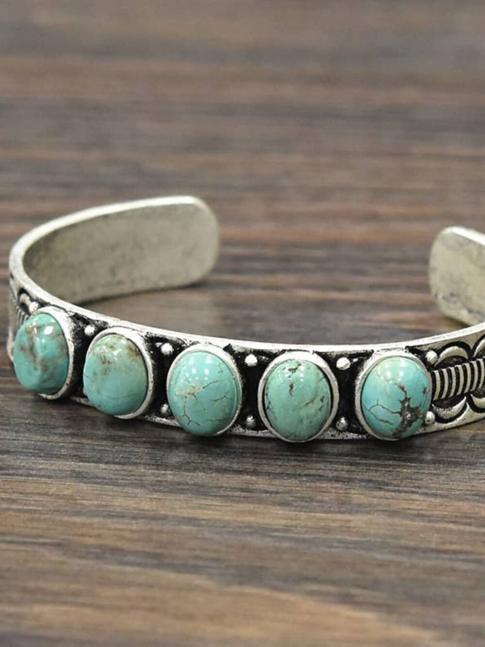 Vintage Style Turquoise Cuff Bracelet Western Boho Rodeo Silver Tone